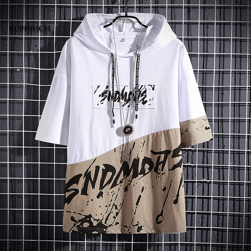 

2021 Hooded T-Shirt Men's Five-Point Sleeve Short-Sleeved Summer Loose T-Shirt Letter Stitching Trend Japanese Short-Sleeved Men