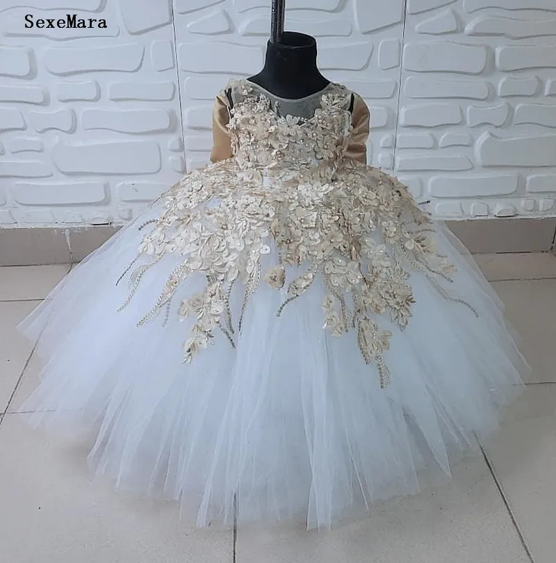 Gold Applique Lace Flower Girl Dress Children Clothing Princess Dresses For Girls Children Birthday Dress for Girls
