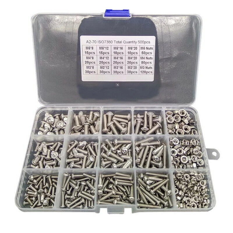 

500pcs A2-70 Stainless Steel Head Socket Hex Set M3 M4 M5 Hex Socket Flat Head 304 Stainless Steel Screw Bolts Assortment Kit