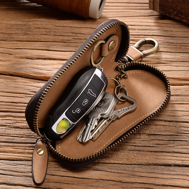 

Retro Genuine Leather Car Keychains Holder Key Cover Case Keyring Shell Bag for House Keys Accessories Zipper Top Layer Cowhide