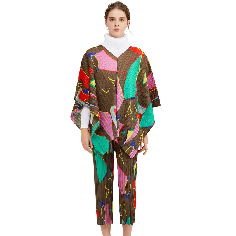 LANMREM хит цветной пуловер с v образным вырезом топы и штаны принтом для женщин