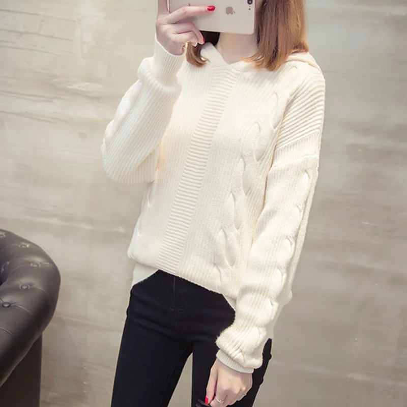 Модный женский Однотонный свитер с капюшоном свободный толстый базовый джемпер