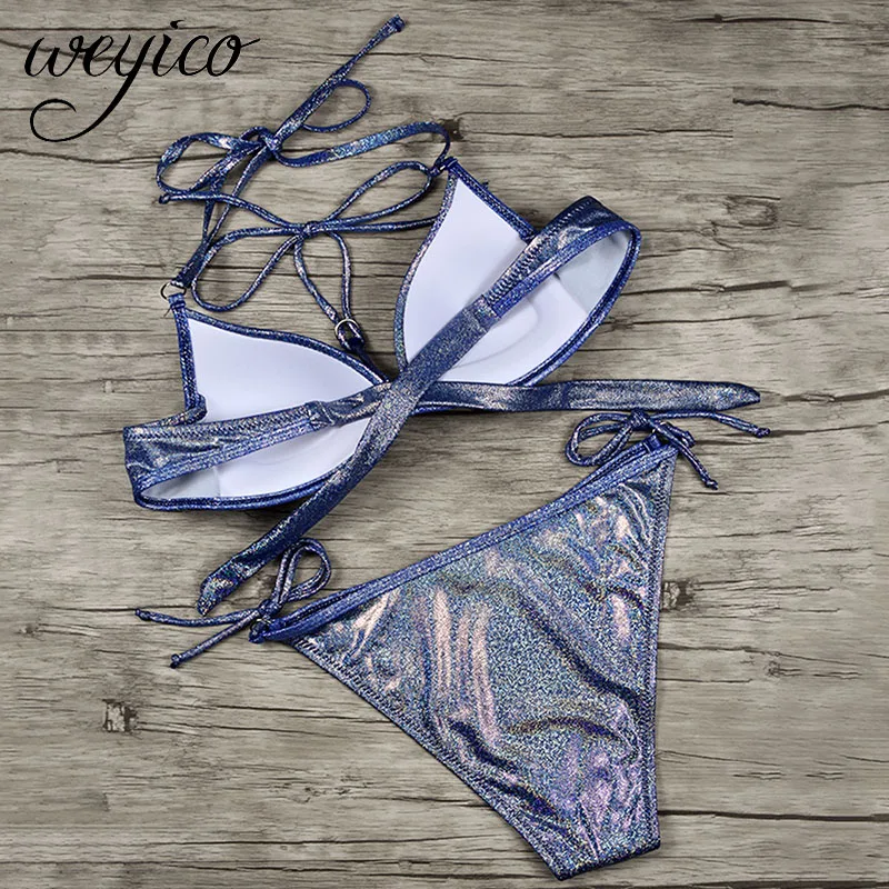 Бикини с пуш ап 2020 женский сексуальный купальник светоотражающий серебристо