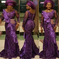 purple aso ebi evening dresses long sleeves meramid appliques with ruffles round neck south african style long formal gowns