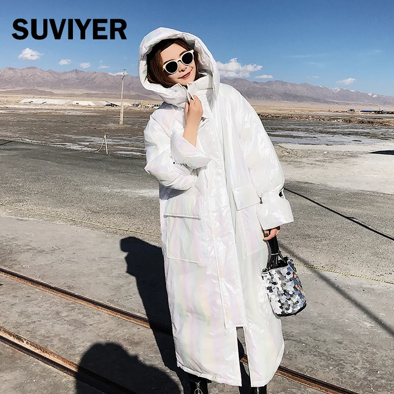 

[SUVIYER] 2021 News Winter Jacket Women Parkas Full Sleeve Hooded Long Reflective Fabric Thick Sustans Cotton Jacket