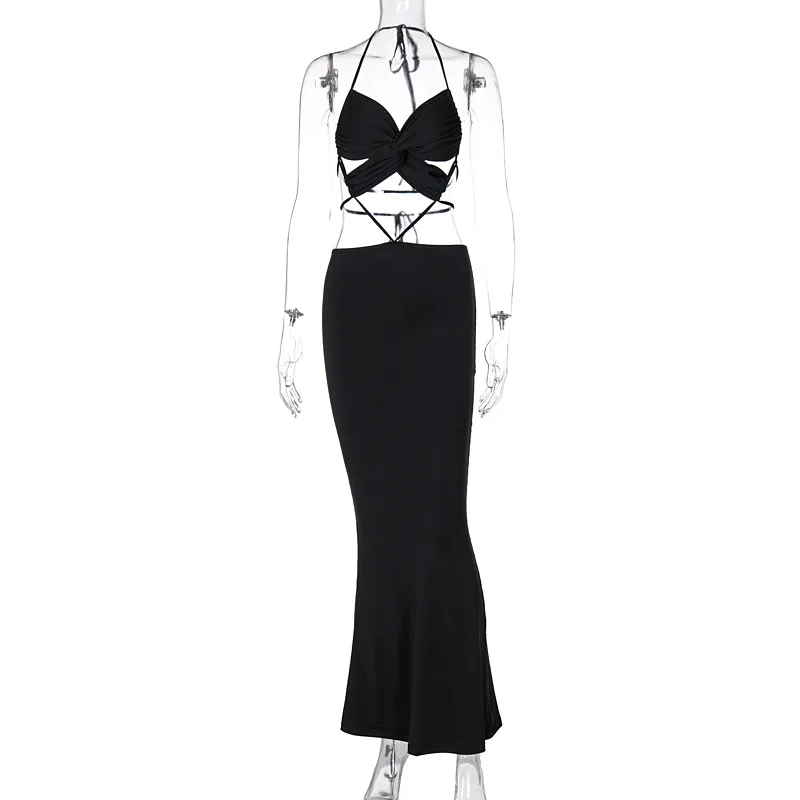 

BOOFEENAA Sexy Open Back Criss Cross Halter Maxi Dresses for Women Summer 2021 Stylish Black Bodycon Dress Party Club C95-CF28