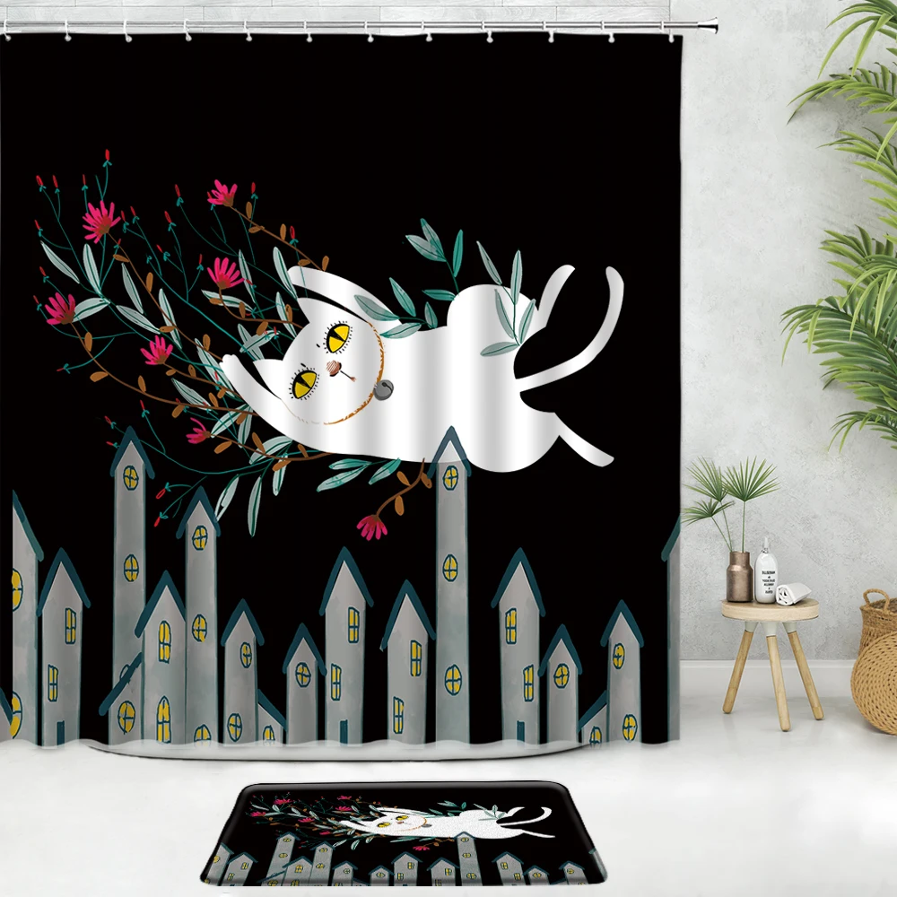 

Cartoon Animal Cat And Dog Shower Curtain With Bath Mat Flower Green Leaf Plant Houses Night View Decor Bathroom Non-Slip Carpet