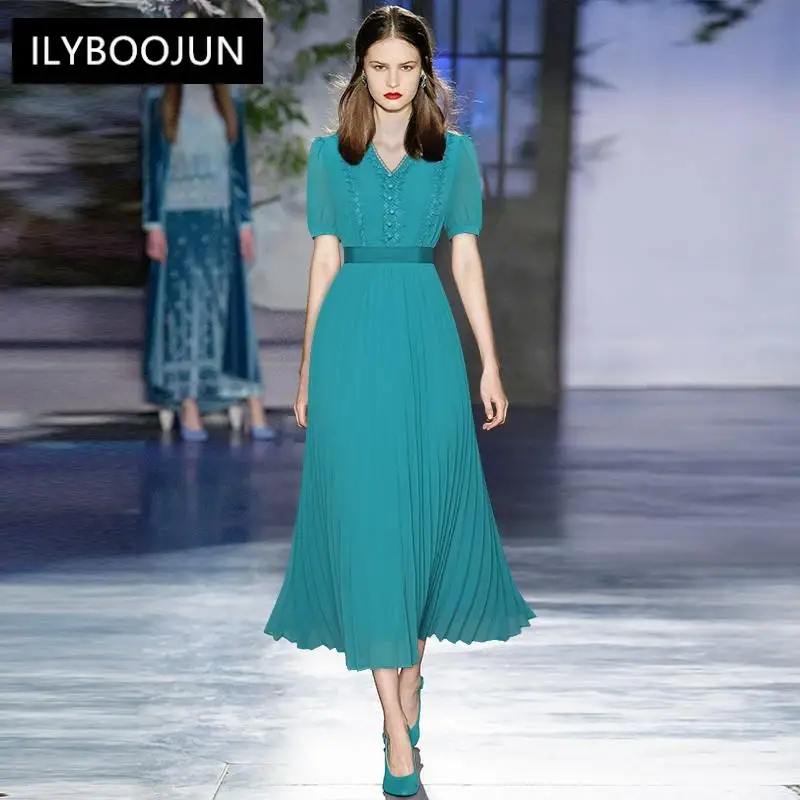

Fashion Runway Designer Summer Chiffon Dress Women's Lace Splicing V-neck Short sleeve Casual Pleated Midi Dress
