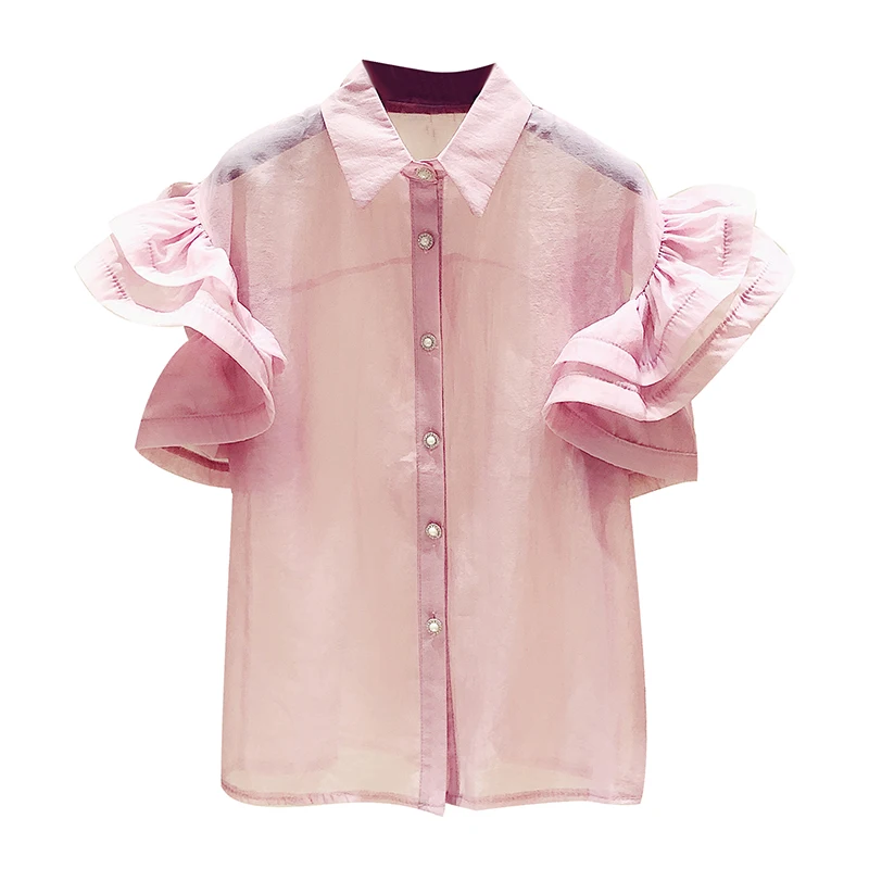 

Ruffled Flying Sleeves Blouses Femme Summer New Chiffon Shirt Retro Lapels Solid Color Loose Tops Blusas Mujer De Moda 2021