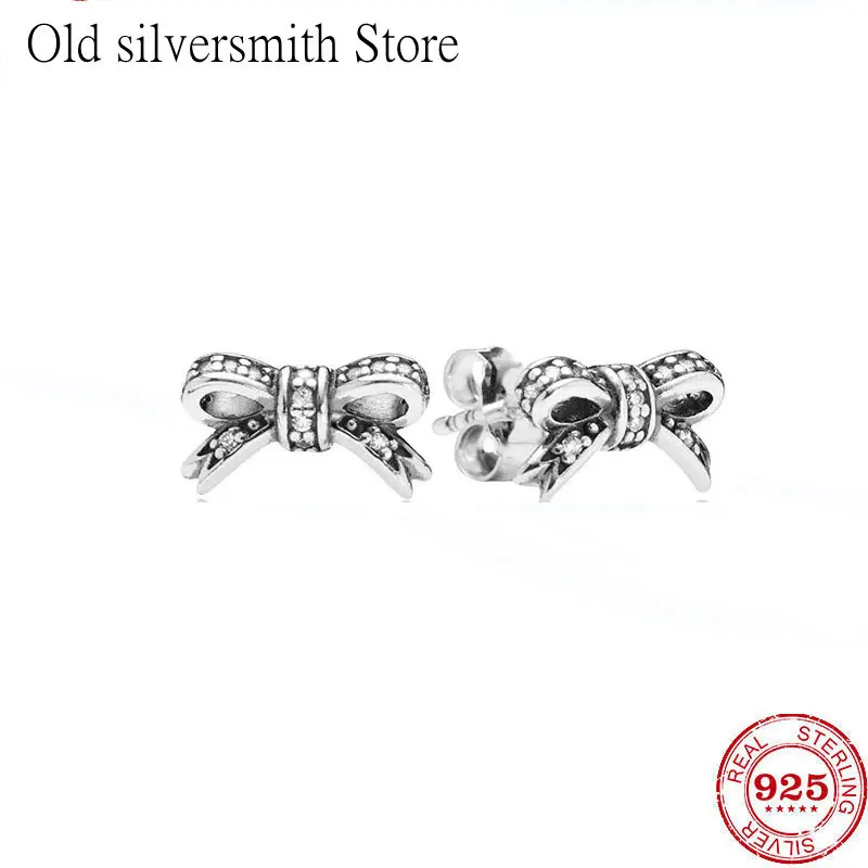 

New Hot Sale 100% 925 Sterling Silver Fit Original pan earrings For Women bowknot Love heart crystal DIY Jewelry wedding gift