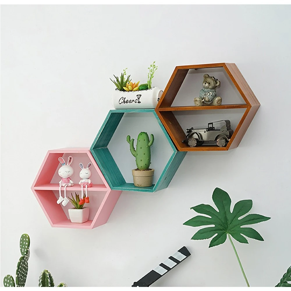 Деревянная шестиугольная полка ABQ настенное крепление Геометрическая