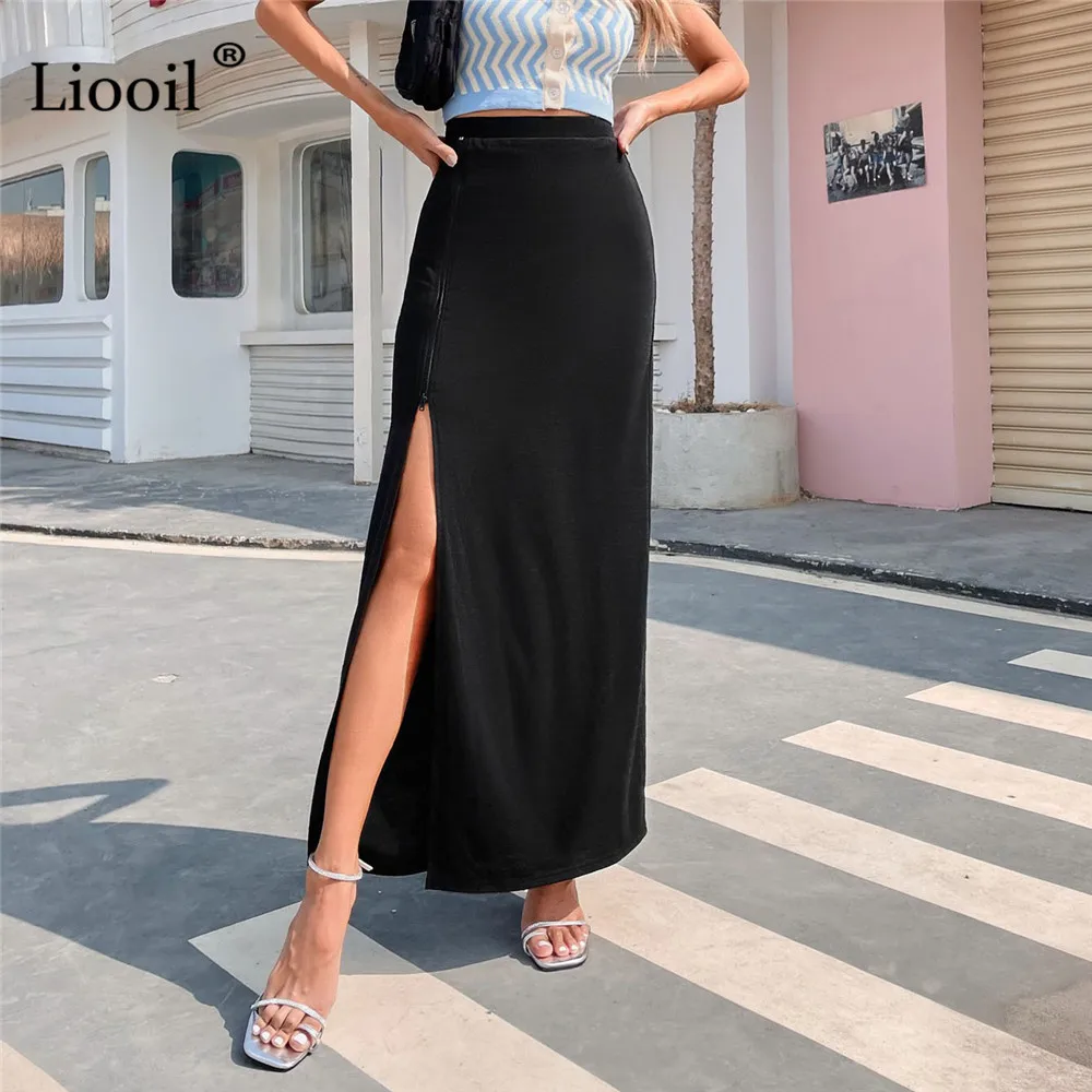 

Liooil Sexy High Slit Skirt Ladies Black Zipper High-waisted Maxi Skirt for Women 2021 Summer Streetwear Elegant Long Skirts