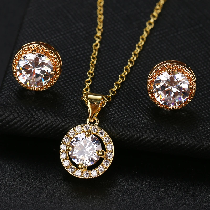 Set Yellow Gold Модные роскошные круглые циркониевые Женские Ювелирные наборы с серебряными кристаллами, серьги и ожерелье, вечерние свадебные комплекты - Окраска металла: Set Yellow Gold