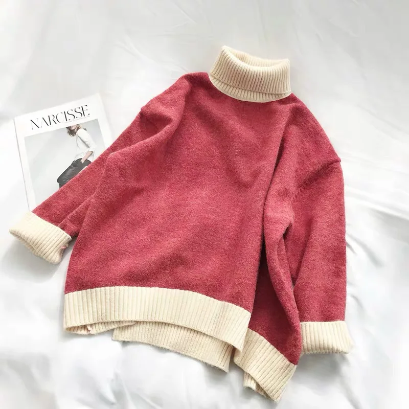 

Oversized Turtleneck Sweater Women Loose Pullovers Winter Thick Warm Knit Tops High Neck Color Block Soft Jumper Large Knitwear