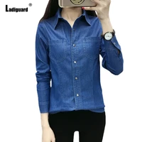 ladiguard 2021 single breasted top retro blue denim blouse ladies street jean outerwear slim vintage shirt blusas demin clothes