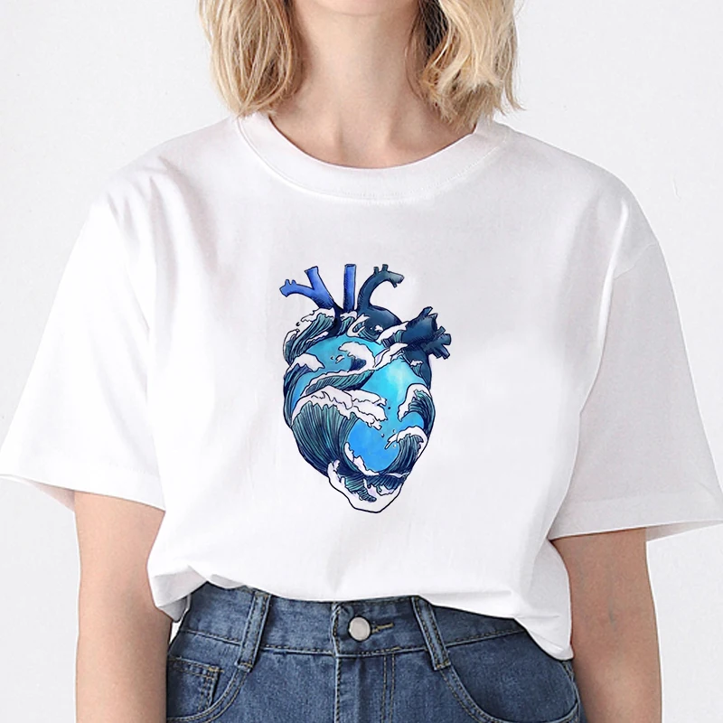 

Verão estilo coreano t camisa das mulheres coração terra t camisa moda feminina harajuku estética camisetas topos