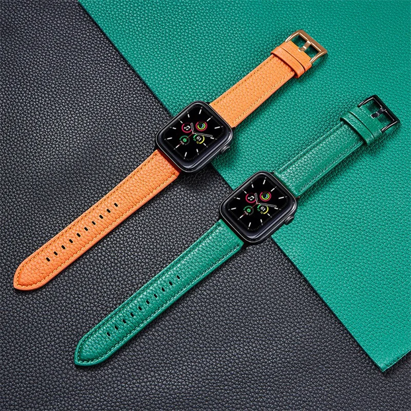 

New Genuine Leather Watchband for iwatch Series 6 5 4 3 2 1 44mm 42mm 38mm 40mm Blue Green Black Strap Lychee pattern