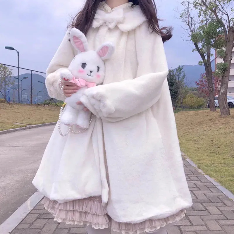 

2021 Japanese Lolita Coat Women Kawaii Faux Rabbit Furry Overcoats Winter Cute Padded Warm Fake Fur Coat Soft Cute Plush Shawl