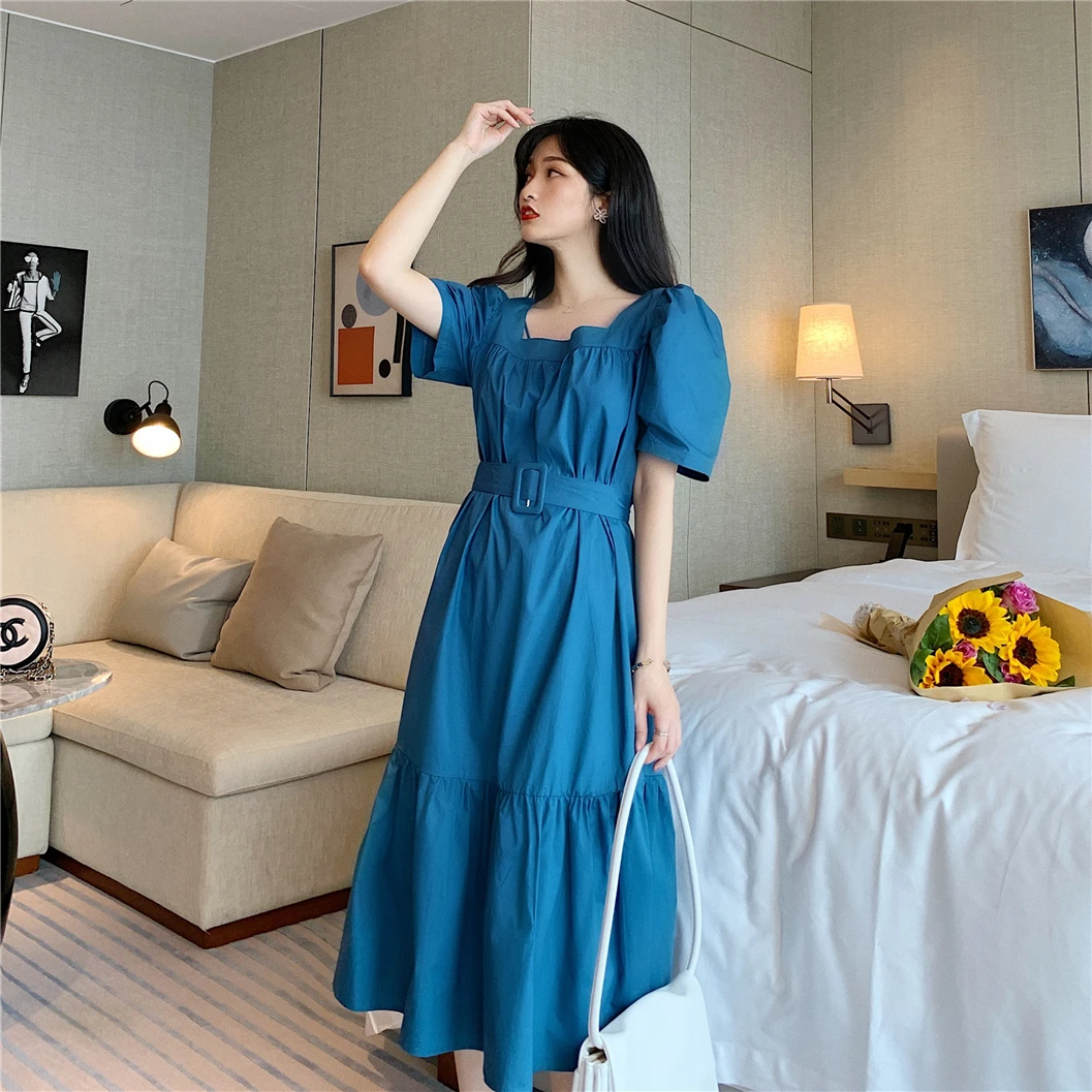 

Summer New 2020 Square Collar Pleated Expandable Loose Lace-up Puff Sleeve Elegant Dresses Woman Party Night Dresses 111A