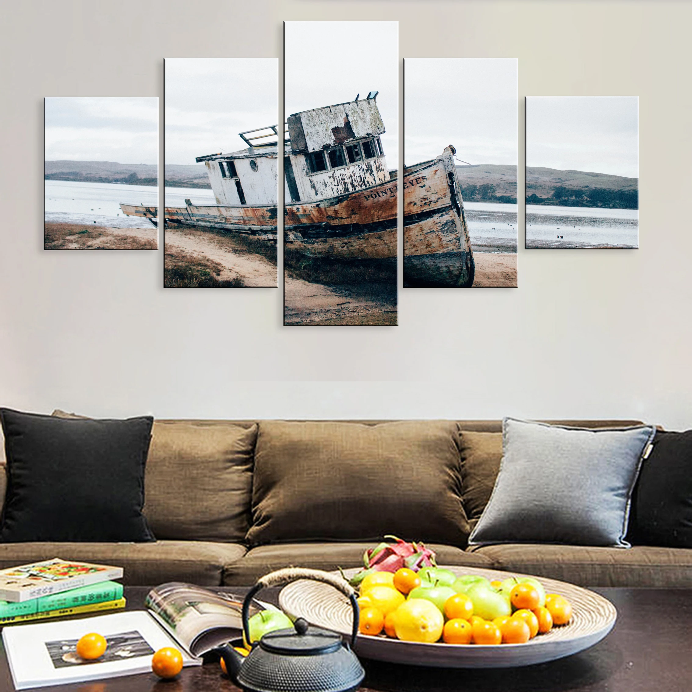 

Hd Printed Decoration Modern 5 Pieces Modular Poster Seaside Canvas Dilapidated Steamship Landscape Room Home Decor Framework