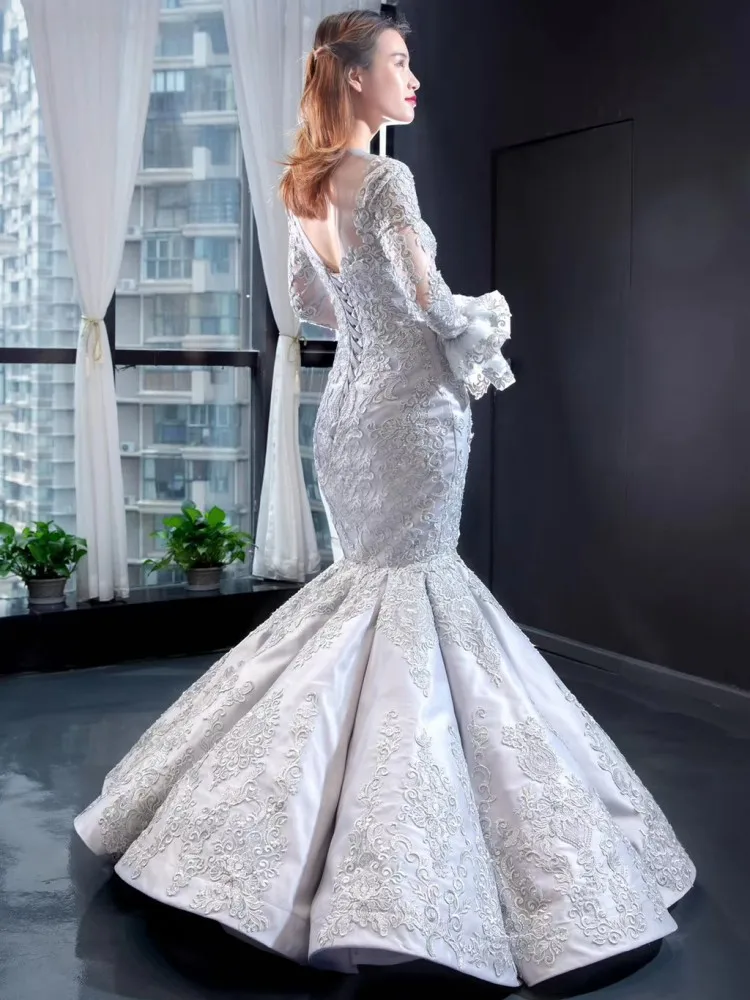 DD JYOY Long Sleeve Mermaid Evening Dress 2020 Lace Long Formal Women Evening Gown O Neck Grey Gold Colors Lace Up Back