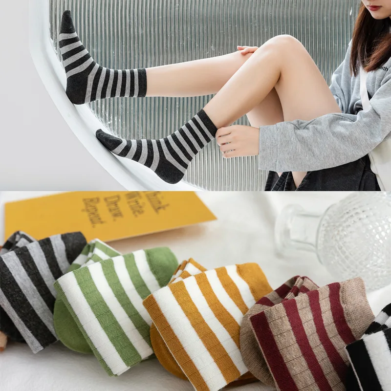 10 pieces = 5 pairs Women Cotton Socks New Style for Autumn and Winter Fashionable Classic Striped All-match Socks women