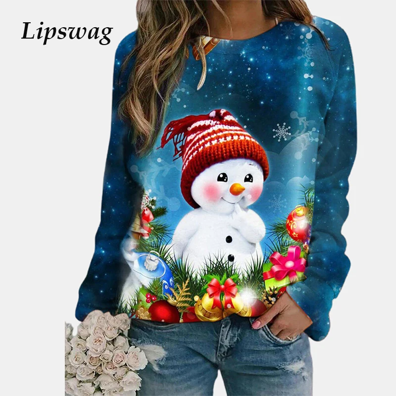

Женский пуловер с длинным рукавом, повседневный Свободный свитшот с круглым вырезом и мультяшным рождественским принтом, Осень-зима 2021