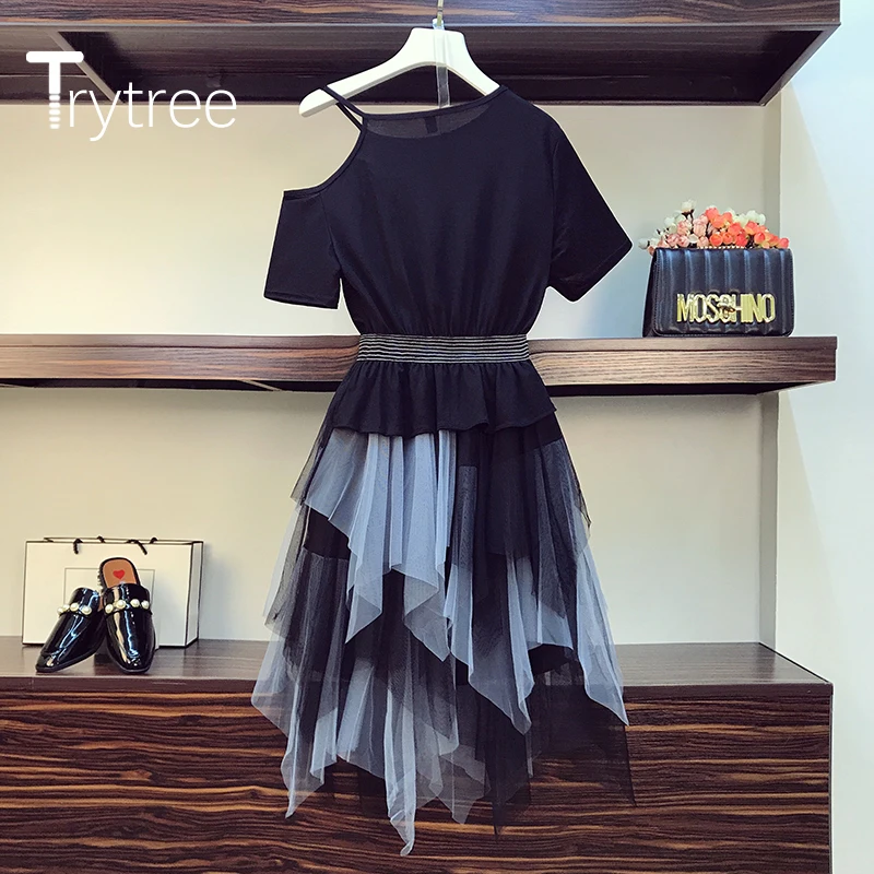 Летнее повседневное женское платье Trytree 2020 Сетчатое лоскутное с круглым вырезом