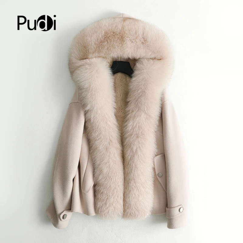 

PUDI Women Fall Winter New Wool Fox Collar Jacket With Rabbit Fur Inside Long Style Pocket Leisure Coat ZY126