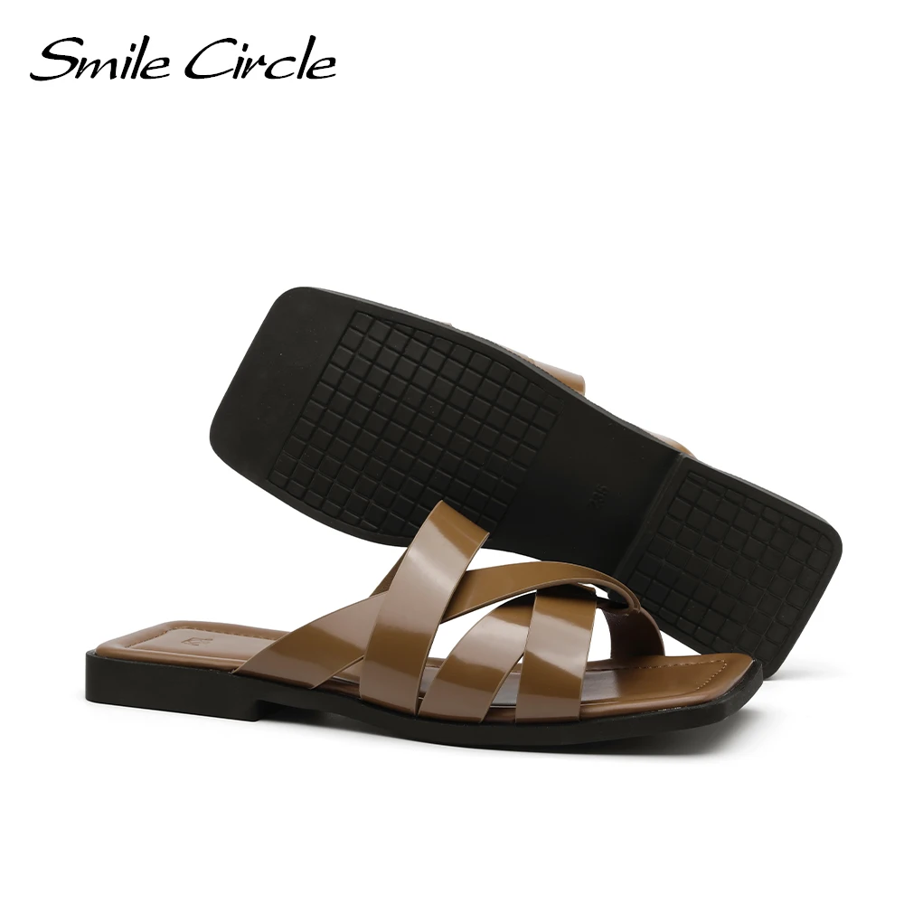 

Smile Circle Flip Flops Women Flats slippers Summer Fashion Weave shoes Slippers Square toe Comfortable Beach sandalias