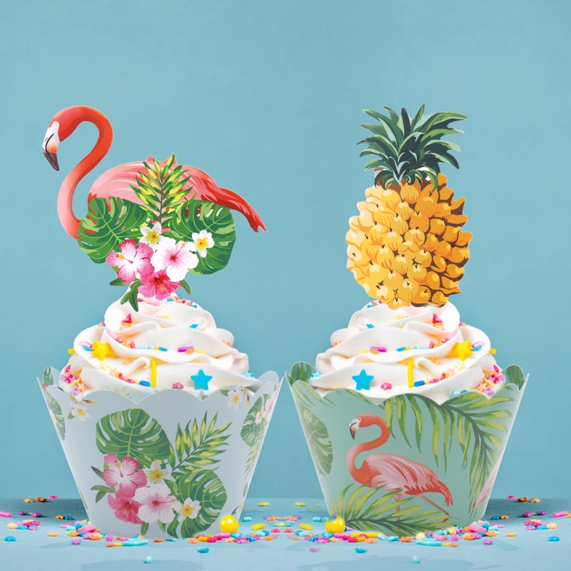 

24Pcs Flamingo Cupcake Wrappers Pineapple Flamingo Cupcake Toppers Set for Kids Birthday Tropical Hawaiian Pool Party Supplies