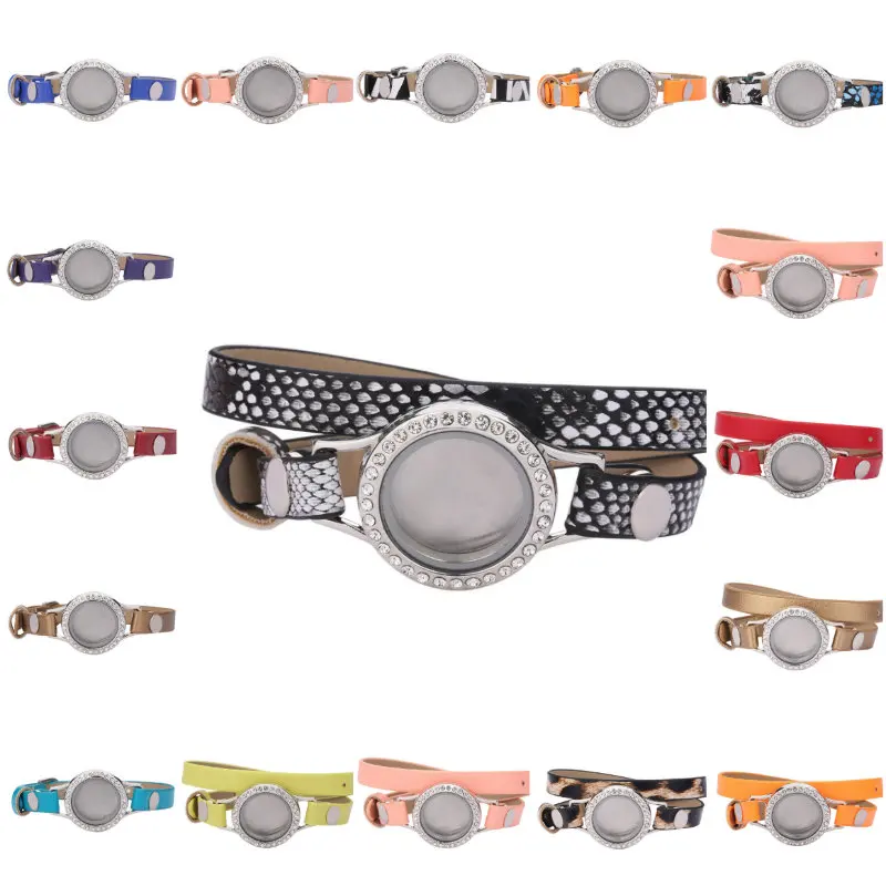 

10pcs/lot 25mm Locket Leather Wrap Pendant Bracelet For Women Men Gift Jewelry
