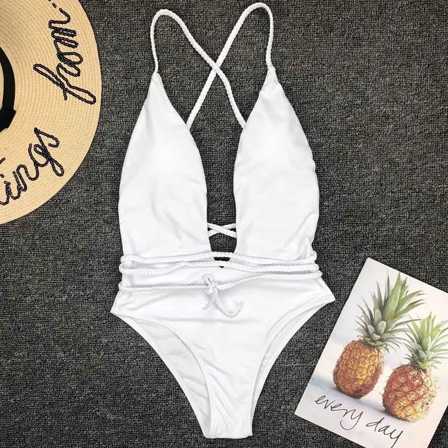 

Whosale Bandage Swimwear Shiny Women Long Strap Wrap Around One-Piece Swimsuit Female Bather Deep V Neck Bathing Suit Bodysuit
