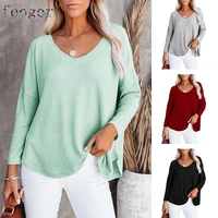 feogor 2021 autumn new style v neck long sleeved casual loose waffle t shirt loose top 2021 new product t shirt womens blouse