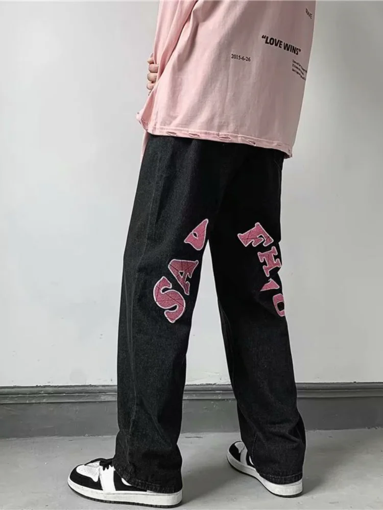 ICCLEK Printed Jeans Men's Straight Loose Pants High Street Pants Street Washed Casual Pants Black Jeans Men  Men Pants