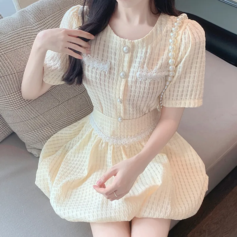 

2021 Summer Beading Ensembles Femme Sweet Small Fragrance Crop Top Short Sleeve Blouse+ Mini Skirts 2 Piece Sets Womens Outfits