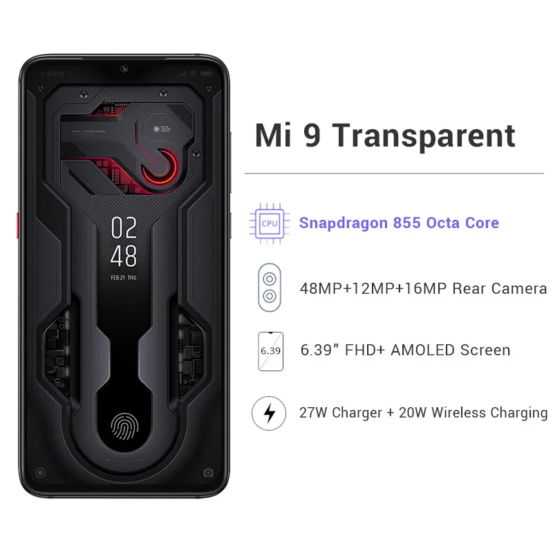 Xiaomi mi 9 mi 9, прозрачный, 12 Гб ОЗУ, 256 Гб ПЗУ, смартфон mi 9, Восьмиядерный процессор Snapdragon 855, камера 6,39 дюйма, 48 МП, дисплей, отпечаток пальца