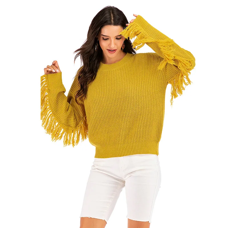 Женский пуловер с длинным рукавом повседневный желтый свитер круглым вырезом и