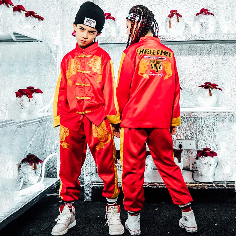 Новая детская одежда в стиле хип хоп красный костюм Тан детский танцевальный