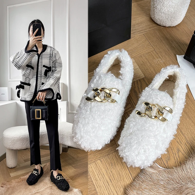 

Chain Lambswool Flats Moccasins Femme Slip on Plush Winter Ladies Shoes Curly Furry Loafers Women Creepers Zapatos Plus Size 43