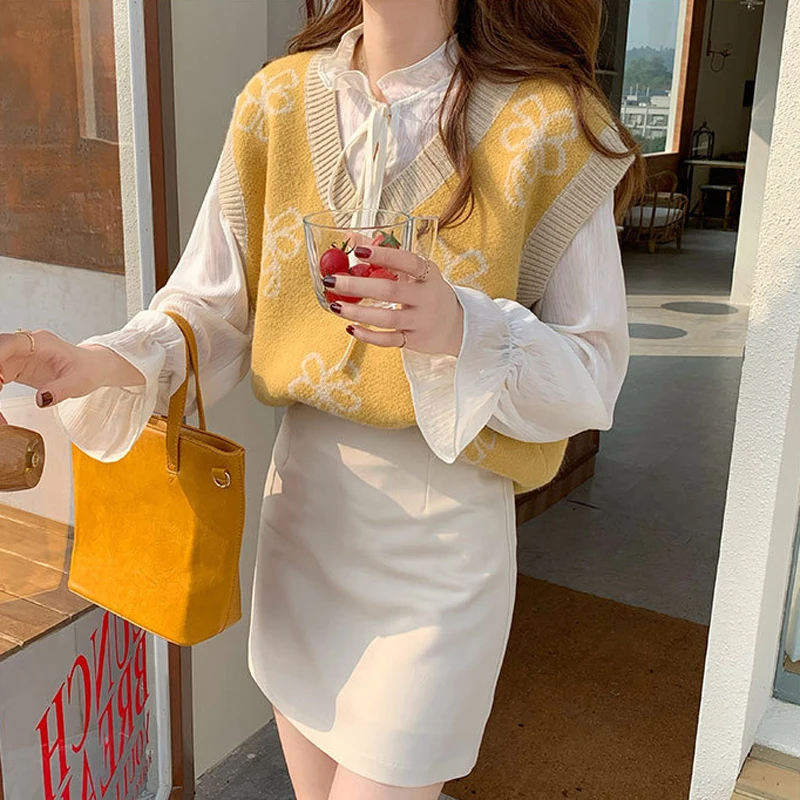 

hirigin Women Sweater Vest Fashion Flower Print Knitted Sweater For Women Sleeveless V-neck Female Elegant Chic Simple Harajuku