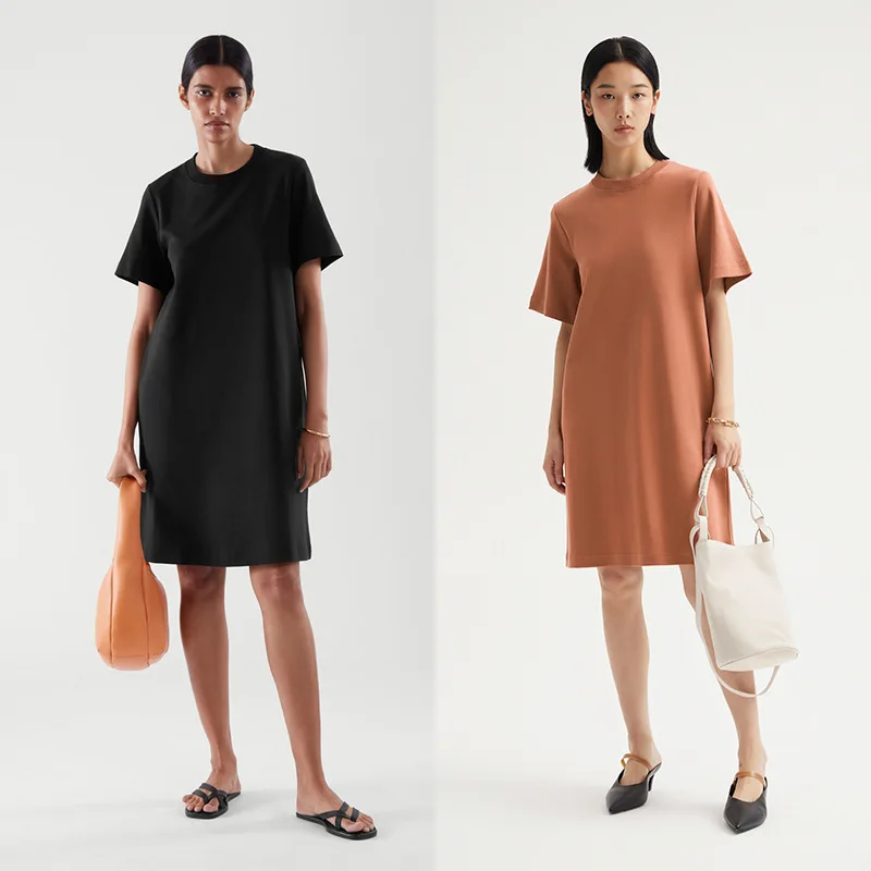 

Women Dress Summer New Style 5 Color Cotton Round Collar Short Sleeve Straight Tube Casual Contracted Loose Thin Dress Woman