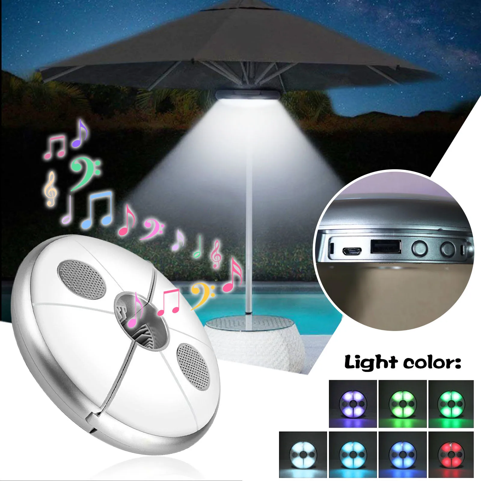 

New Outdoor Speaker Umbrella Light, LED Parasol Light With Bluetooth Speaker 7 Colors Multifunctional Convenient White Speaker