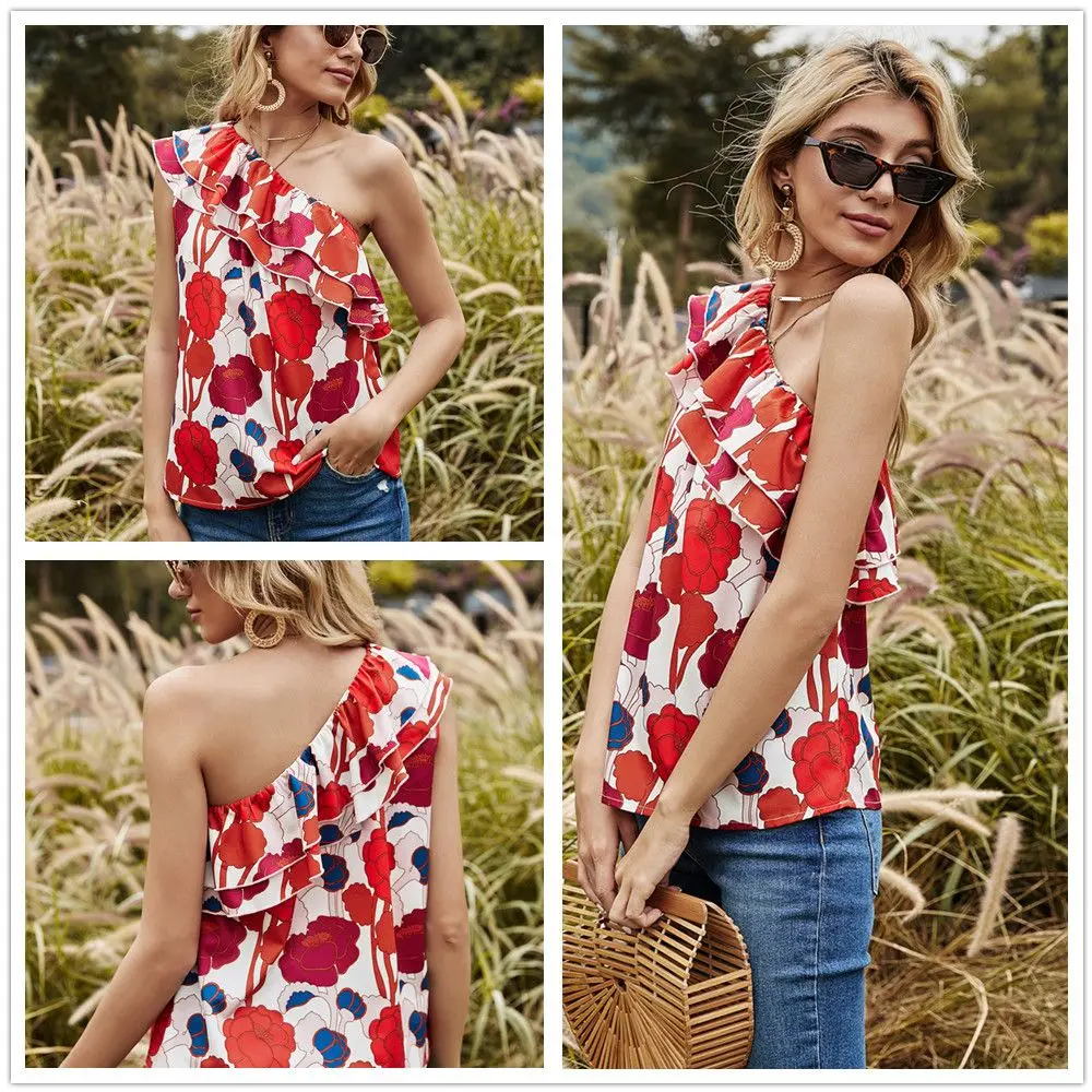 

Women's Clothing Sexy Tube Top Slash Neck Oblique Shoulder Backless Printing Ruffle Vest 2021 Summer New Style