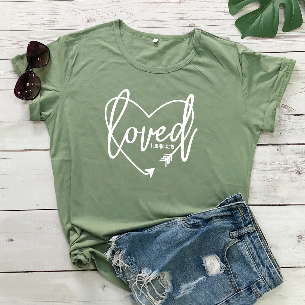 olive-white text Любимый 1 Джон 4:19 футболки женские летние винтажные Библейская вера стих футболка Топ для мужчин и женщин Религиозные христианские Писания футболка - Цвет: olive-white text