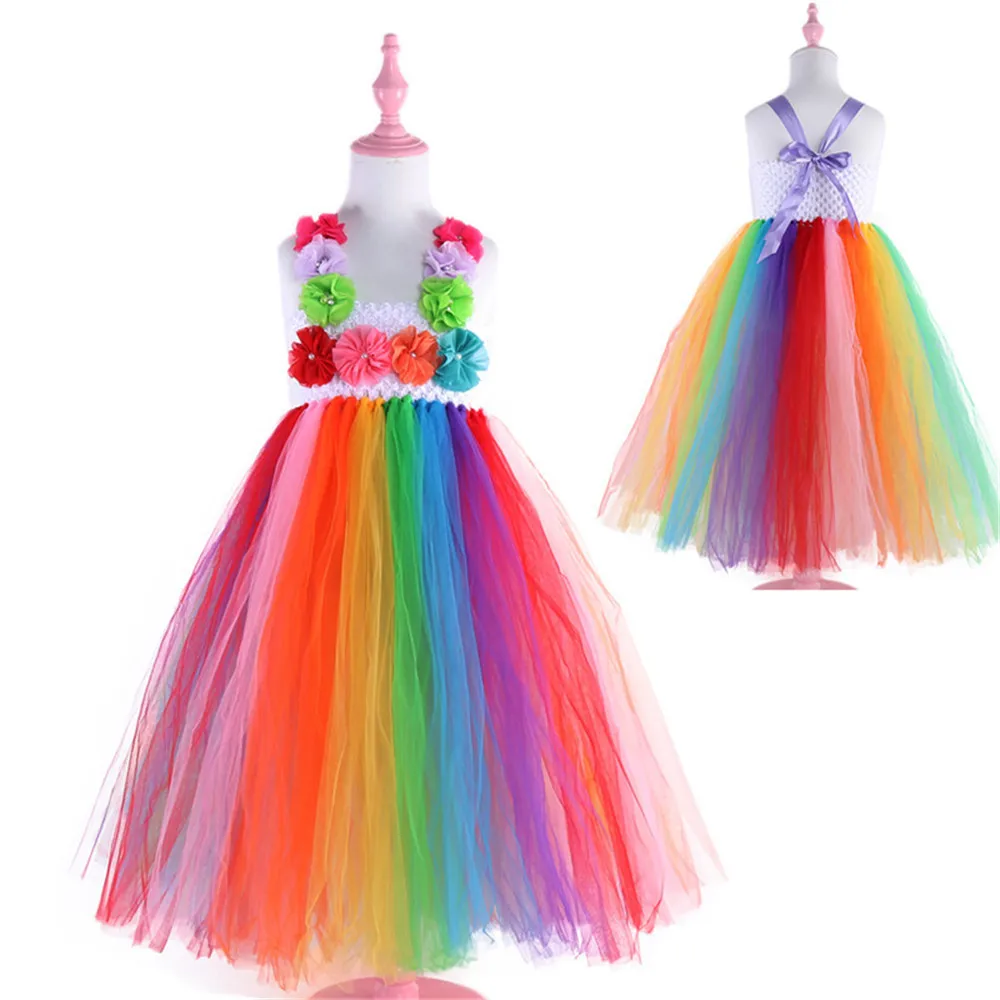 

Summer dress colorful rainbow flower lace princess dress mesh tutu skirt holiday party dress christmas dress girl 3-11 years