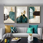Абстрактная Золотая стена с оленем и деревом, Современная Картина на холсте, синяя птица, плакат с принтом, настенное искусство для гостиной, спальни, скандинавский стиль