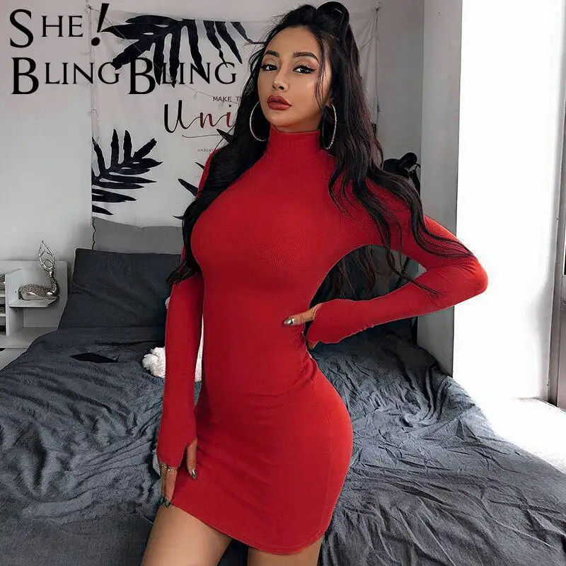 Женское трикотажное платье водолазка SheBlingBling повседневное неоновое облегающее