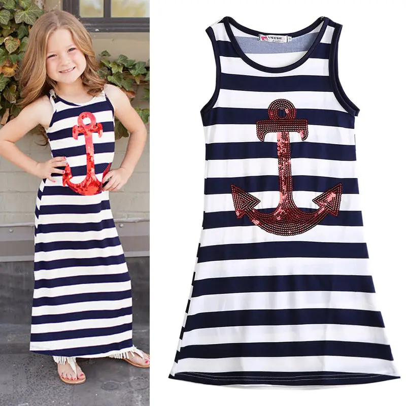 

Kids Girl Long Dress Casual Toddler Kids Girls Sequins Anchor Stripes sleeveless Party Dress Beach Sundress