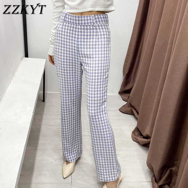 

ZZKYT 2021 женские весенние винтажные клетчатые прямые брюки с карманами, модные женские брюки с высокой талией в английском стиле на молнии